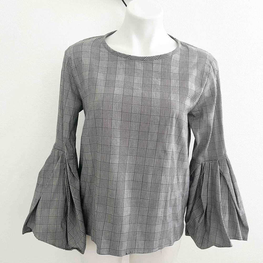 NEW ZARA Plaid Bell Sleeve Blouse Top Black White Check Size Small NWT